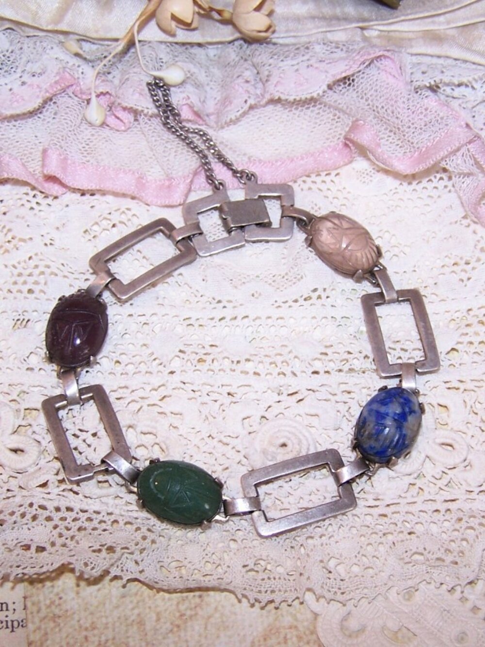 Egyptian Revival Sterling Silver Agate Scarab Link Bracelet - 7" Length